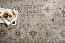 Power-loomed Turkish rug from the Leigh Collection featuring bold motifs and distressed patterns, blending modern and traditional styles for a durable, stylish look.