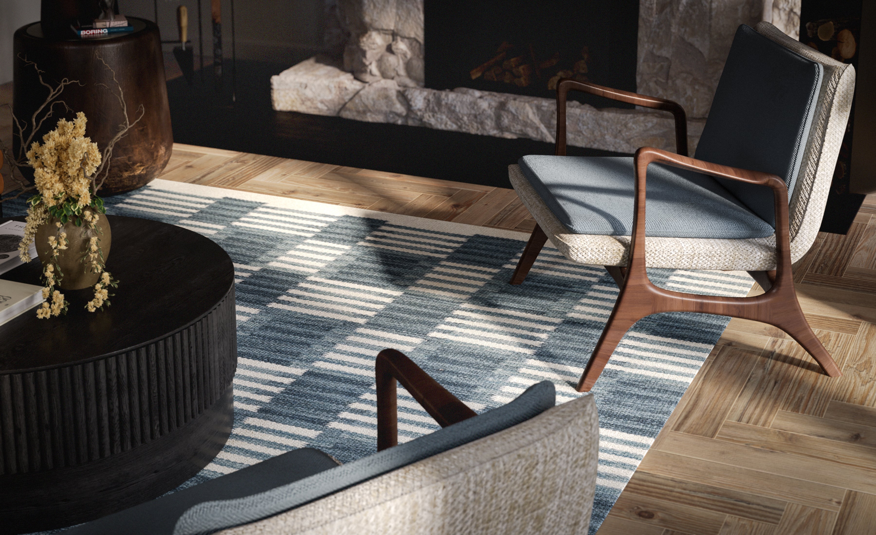 Handwoven Momeni Scandi rug featuring bold geometric patterns and a vibrant, modern Scandinavian color palette.