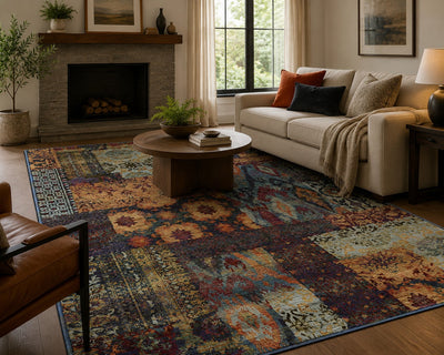 Andorra 7137A Gold/Blue Area Rug, gold blue modern traditional area rug with luminous vintage-inspired design and dense pile.