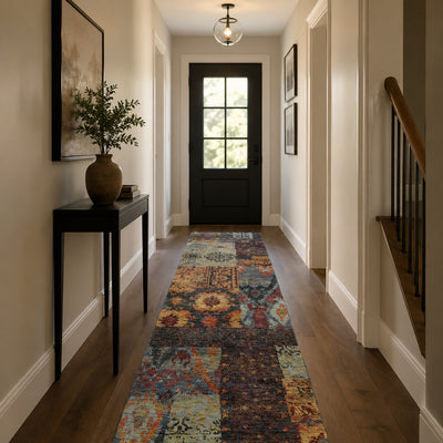 Andorra 7137A Gold/Blue Hallway Runner, gold blue modern traditional area rug with luminous vintage-inspired design and dense pile.