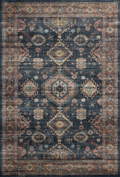 Layered in casual denim and glowing sunset hues with traditional and distressed patterns, the Anniston ANS-03 Denim / Sunset Area Rug is a power-loomed polyester area rug perfect for any setting