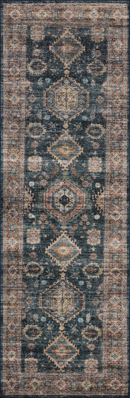 Layered in casual denim and glowing sunset hues with traditional and distressed patterns, the Anniston ANS-03 Denim / Sunset Area Rug is a power-loomed polyester area rug perfect for any setting