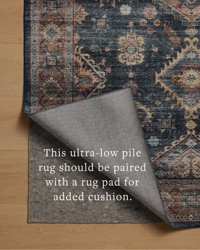 Layered in casual denim and glowing sunset hues with traditional and distressed patterns, the Anniston ANS-03 Denim / Sunset Area Rug is a power-loomed polyester area rug perfect for any setting