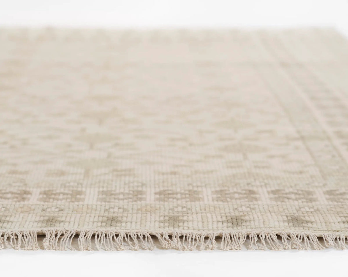 Erin Gates by Momeni Concord CRD-2 (Sudbury) Beige Area Rug with distressed traditional pattern and woven fringed border.