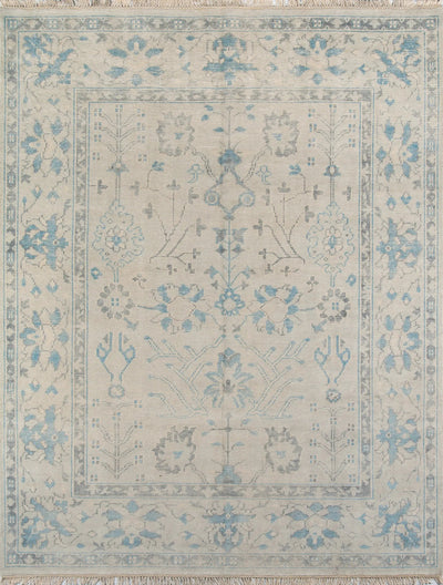 Erin Gates by Momeni Concord CRD-3 (Lowell) Ivory Area Rug with distressed blue botanical patterns, traditional borders, and fringe detailing.