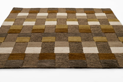 Momeni Fletcher FLT‑1 brown area rug with Bauhaus‑inspired checkerboard pattern, handcrafted 100% wool.