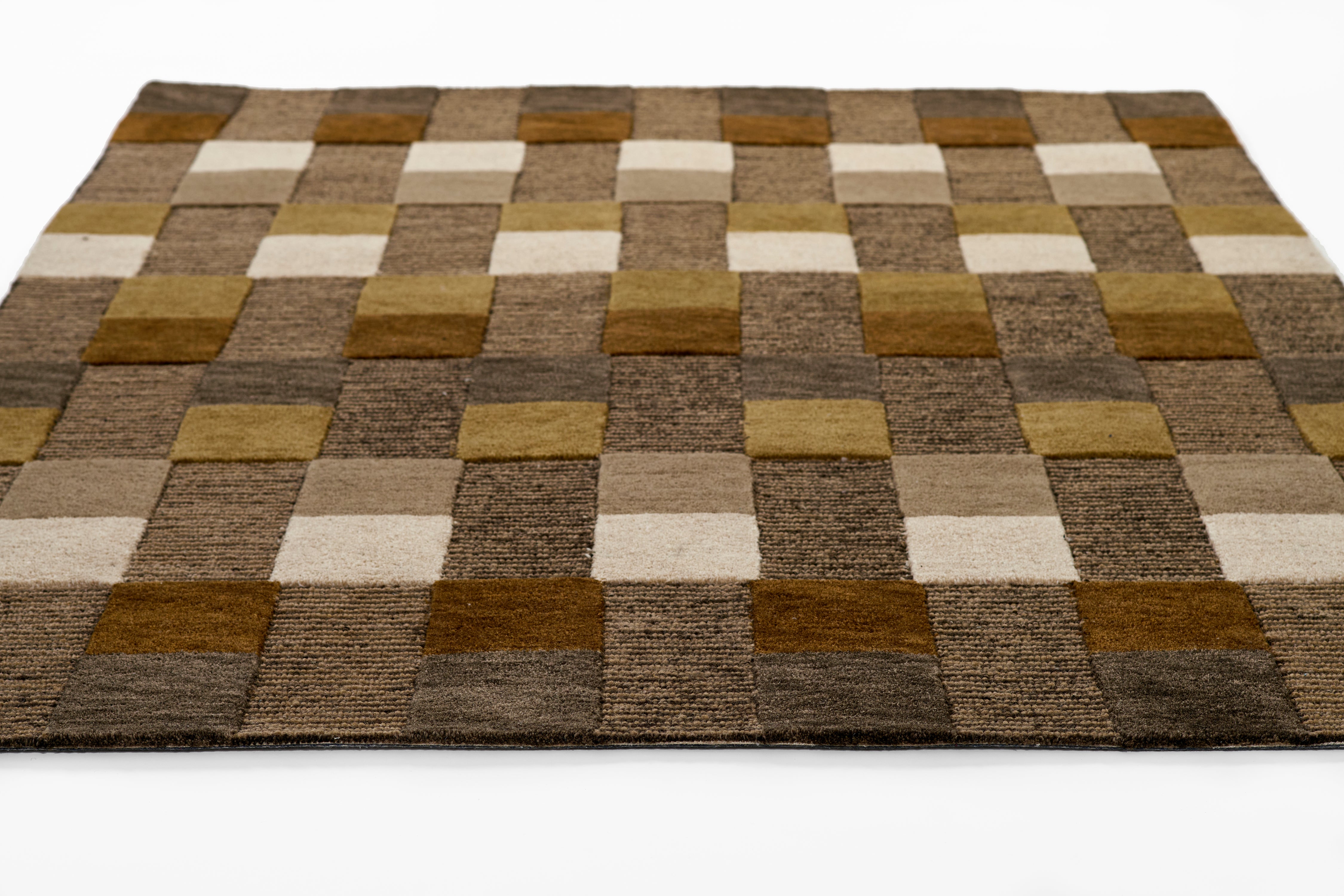 Momeni Fletcher FLT‑1 brown area rug with Bauhaus‑inspired checkerboard pattern, handcrafted 100% wool.
