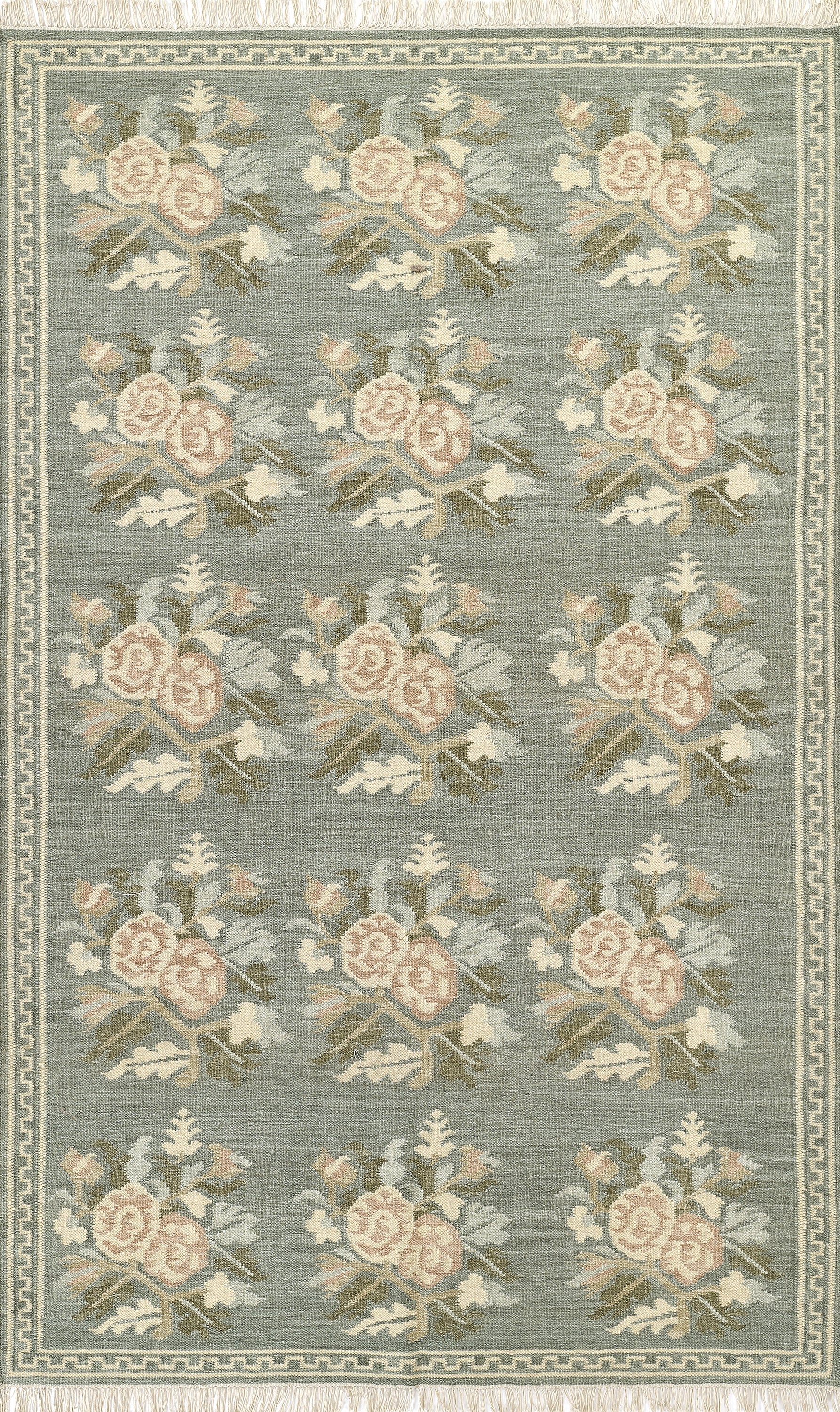 Momeni Florence FLO-1 Blue floral wool area rug with Bessarabian-inspired rose motifs, blush tones, decorative border, and fringed edges.