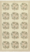 Momeni Florence FLO-1 ivory floral wool area rug with Bessarabian-style rose bouquet design, subtle blue and blush accents, ornamental border, and fringe.