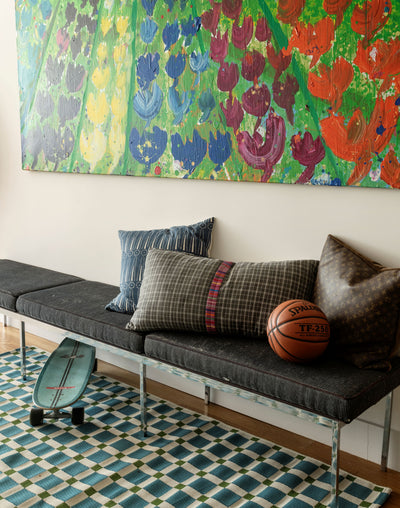 Icon ICN-1 Blue Area Rug from Novogratz x Momeni Icon Collection in a sunny living room with bold abstract wall art.