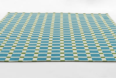 Icon ICN-1 Blue Area Rug featuring a blue and white geometric checker pattern with green accents, Mid-Century inspired.