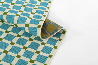 Icon ICN-1 Blue Area Rug with blue and olive grid pattern inspired by Mid-Century Modern design.