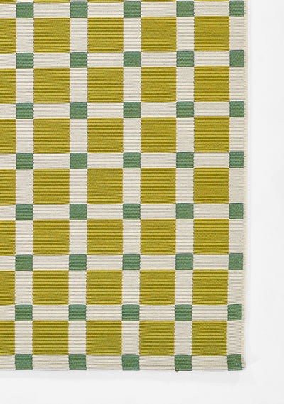Icon ICN-1 Green Area Rug with bold mid-century checkerboard in green-teal and mustard hues.