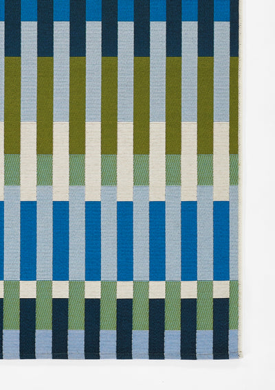 Icon ICN-2 Blue Area Rug with bold blue, olive, and ivory vertical stripes in Mid-Century Modern inspired design.