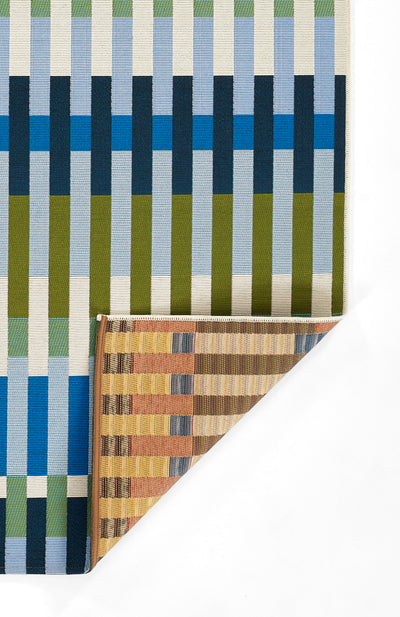 Icon ICN-2 Blue Area Rug from Novogratz x Momeni Icon Collection - bold geometric stripes in blue, green, beige.