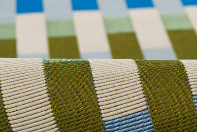 Icon ICN-2 Blue Area Rug: close-up of woven striped pattern in blue, green, and white.