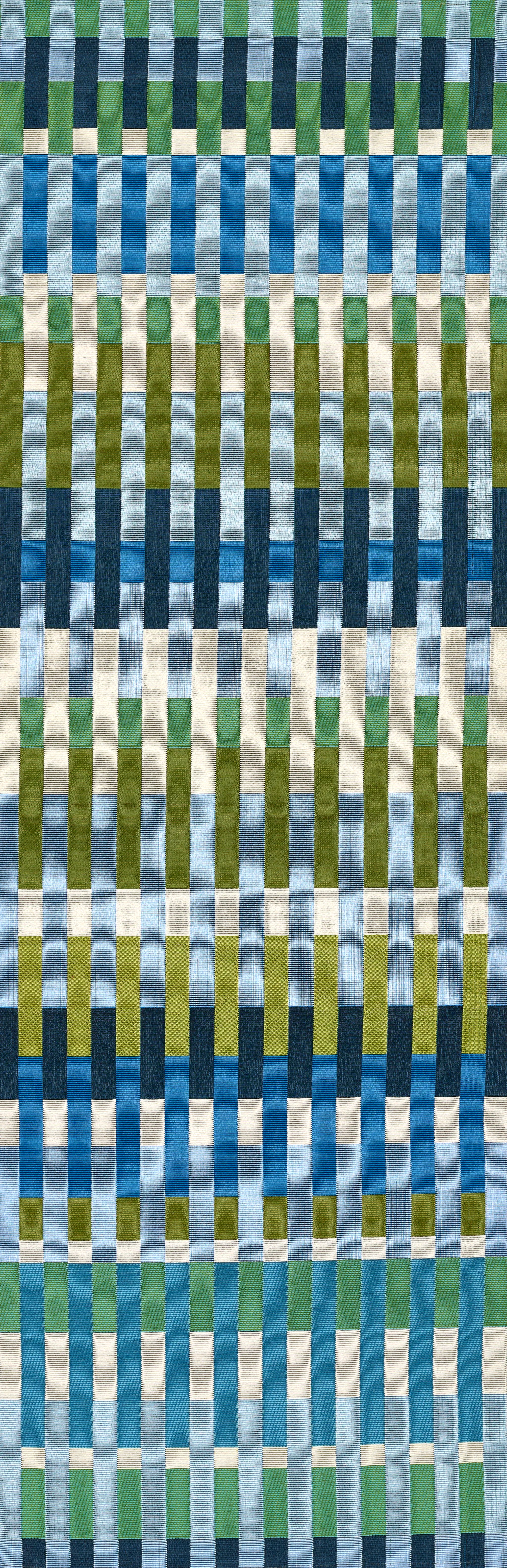 Icon ICN-2 Blue Area Rug from Novogratz x Momeni Icon Collection, Mid-Century-inspired blue, green, cream stripes.