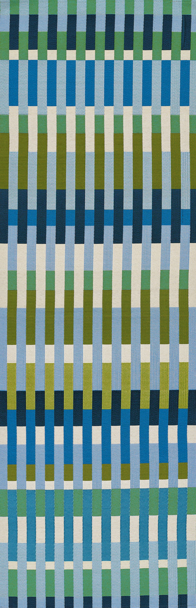 Icon ICN-2 Blue Area Rug from Novogratz x Momeni Icon Collection, Mid-Century-inspired blue, green, cream stripes.