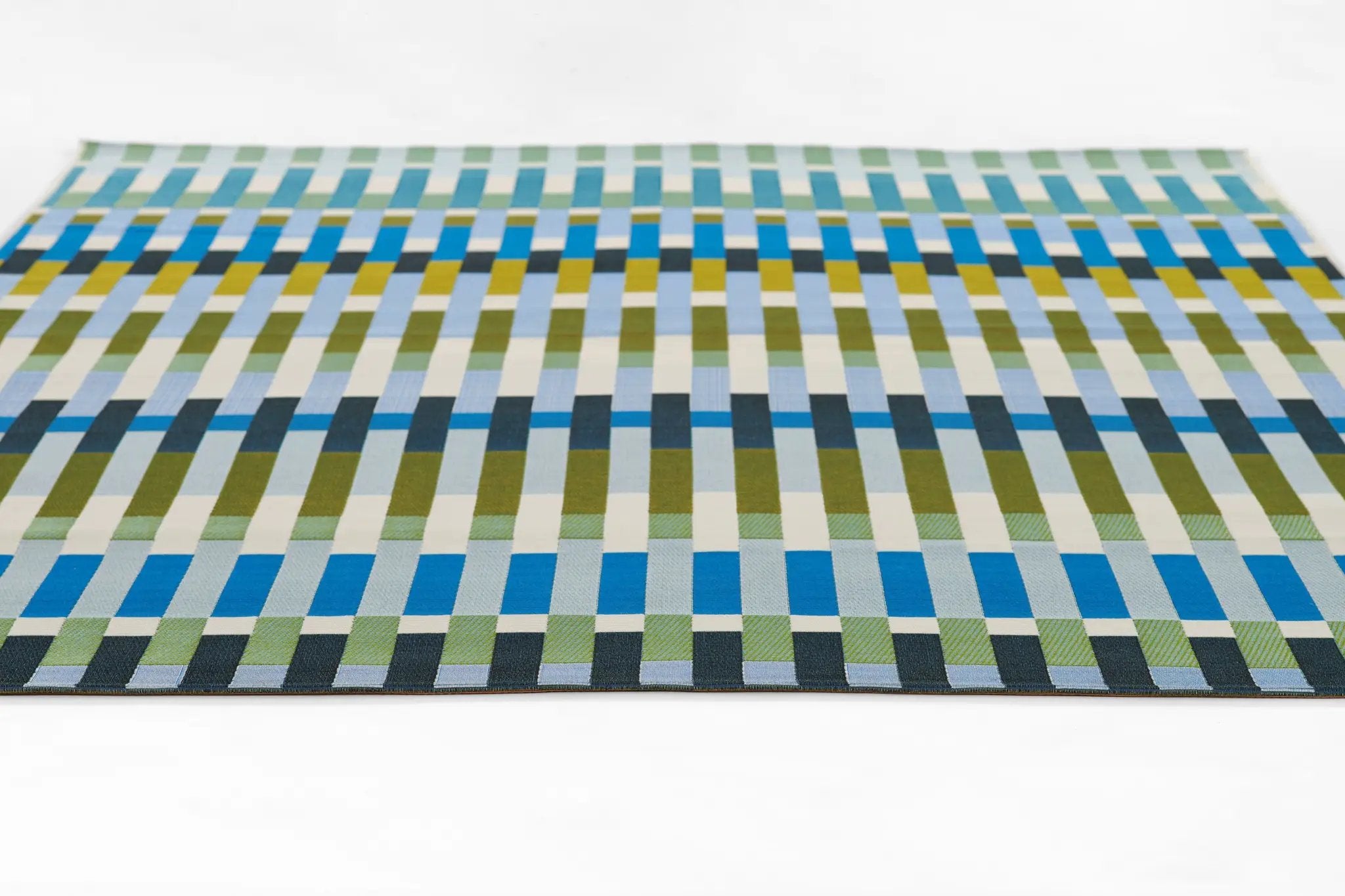 Icon ICN-2 Blue Area Rug with a bold mid-century modern plaid in blues, greens, and yellows