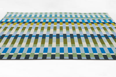 Icon ICN-2 Blue Area Rug with a bold mid-century modern plaid in blues, greens, and yellows