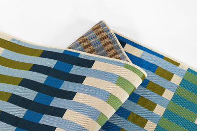 Icon ICN-2 Blue Area Rug from Novogratz x Momeni Icon Collection, mid-century striped design in blue, olive, and beige.