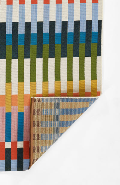 Icon ICN-2 Multicolor Area Rug with bold vertical stripes in orange, blue, olive and beige.