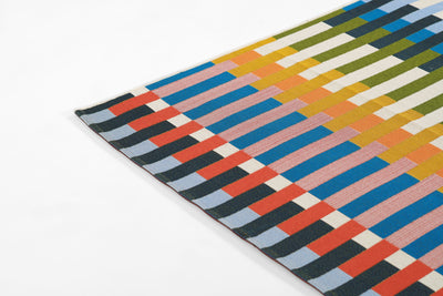 Icon ICN-2 Multicolor Area Rug, Mid-Century Modern inspired woven stripe design in blue, orange, pink, and green.
