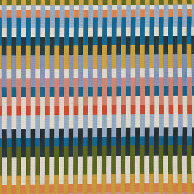 Icon ICN-2 Multicolor Area Rug with bold mid-century striped pattern in blue, orange, cream, and olive.