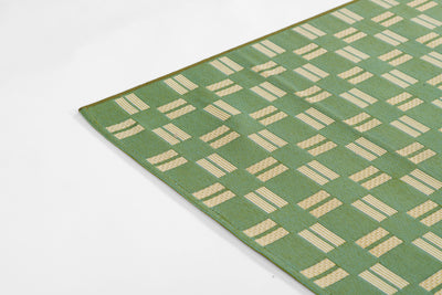 Icon ICN-3 green area rug with cream rectangular motifs in a Mid-Century Modern-inspired Icon Collection design.