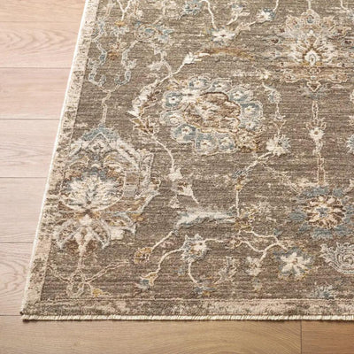 Close-up of the Arda ACZ-2300 medium gray area rug with intricate floral patterns and fringe edge.