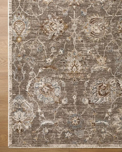 Overhead view of the Arda ACZ-2300 medium gray area rug with intricate floral and vine patterns.