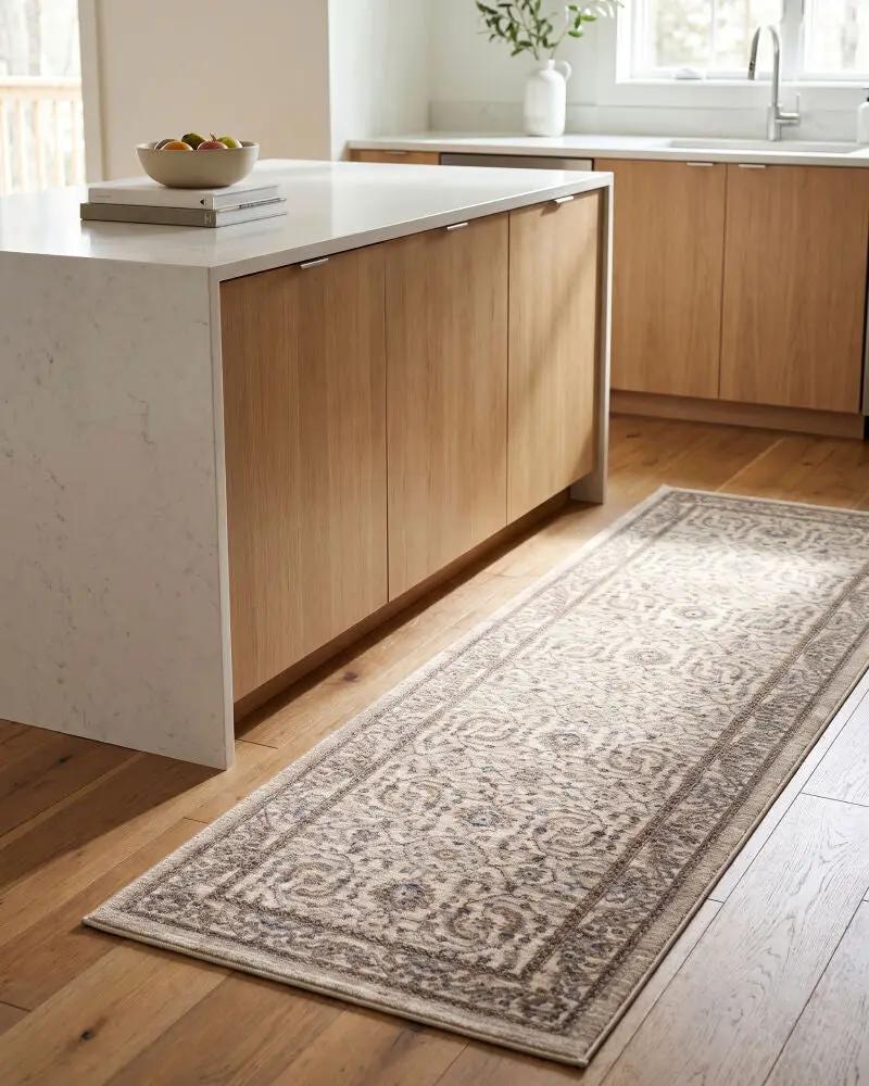 Arda ACZ-2301 Light Gray runner rug with an intricate pattern on a light wood floor in a kitchen.