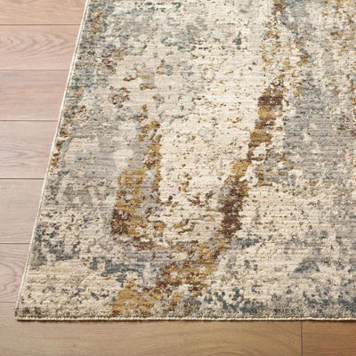 Close-up of the Arda ACZ-2304 Taupe Area Rug featuring an abstract pattern in taupe, grey, and gold.