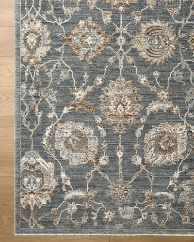 Overhead view of the Arda ACZ-2305 Deep Teal Area Rug with intricate floral and vine patterns.