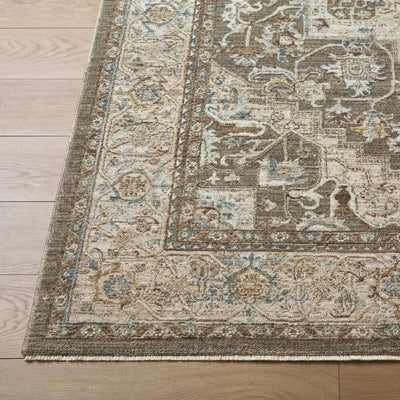Close-up of the Arda ACZ-2308 Taupe Area Rug featuring a traditional pattern and fringe edge.