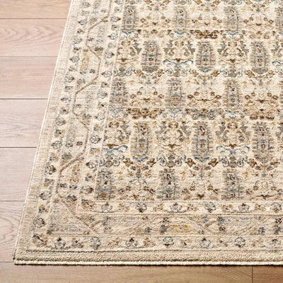Close-up of the Arda ACZ-2310 medium gray area rug with an intricate pattern and fringe edge.