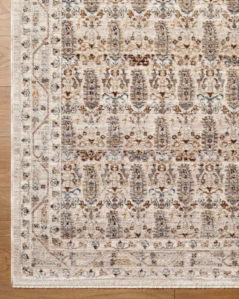 Overhead corner view of the Arda ACZ-2310 medium gray area rug with intricate patterns and fringe.