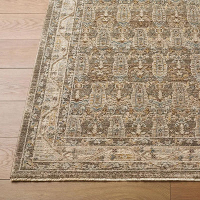 Close-up of the Arda ACZ-2311 Charcoal Area Rug featuring an intricate pattern and fringe edge.