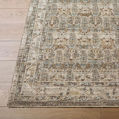 Close-up of the Arda ACZ-2312 Medium Gray Area Rug with an intricate traditional pattern and fringe.