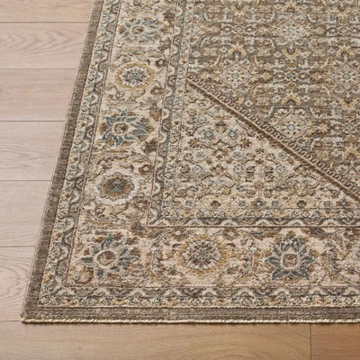 Close-up of the Arda ACZ-2313 Charcoal Area Rug featuring an intricate pattern and fringe detail.