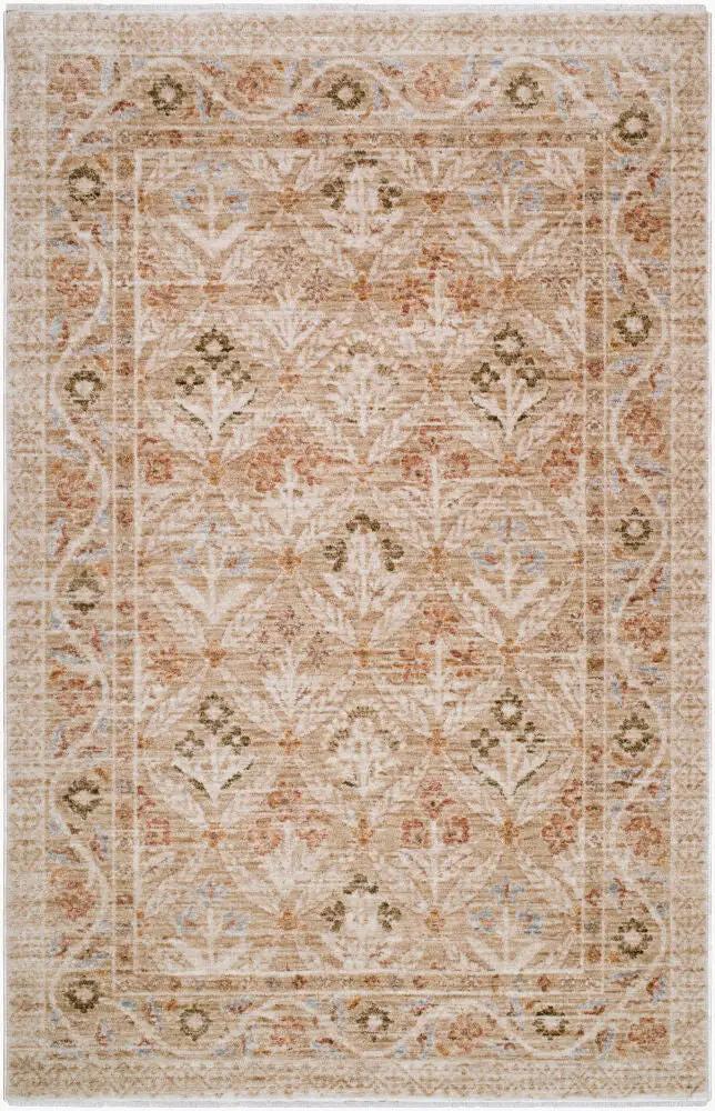 Livabliss Autumn AUN-2301 light brown area rug featuring intricate floral patterns and a classic border design in earthy tones.