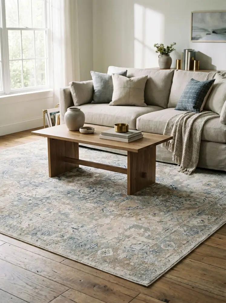 Canyon CYY-2303 Tan Area Rug with a blue and tan vintage pattern in a modern living room.