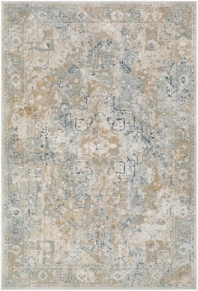 Canyon CYY-2303 Tan Area Rug featuring a distressed traditional medallion pattern in tan and grey.