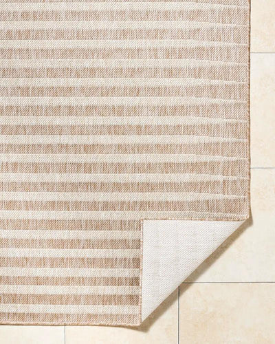 Tan and cream striped machine-woven Agave GAAG-2300 area rug with a folded corner showing the backing.