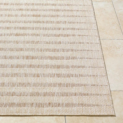 Close-up of the Agave GAAG-2301 Off-White Area Rug with a textured, striped pattern on a tile floor.