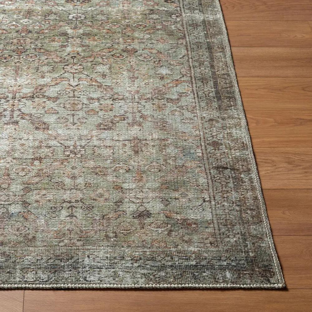 Close-up of the Amelia JYAL-2300 Blush Area Rug showing its distressed pattern on a wood floor.