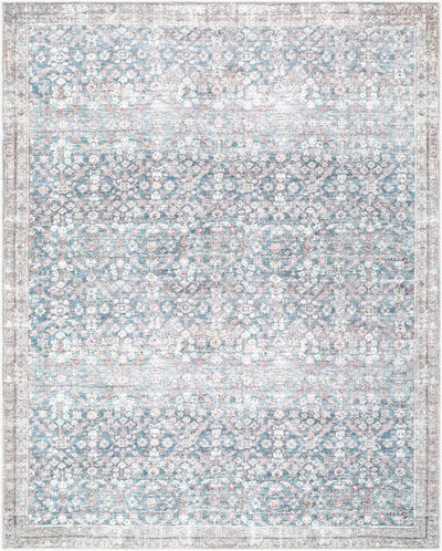 Amelia JYAL-2303 Sky Blue Area Rug with a distressed floral pattern and border.