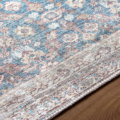 Close-up of the Amelia Sky Blue Area Rug showing its intricate pattern and low pile texture.