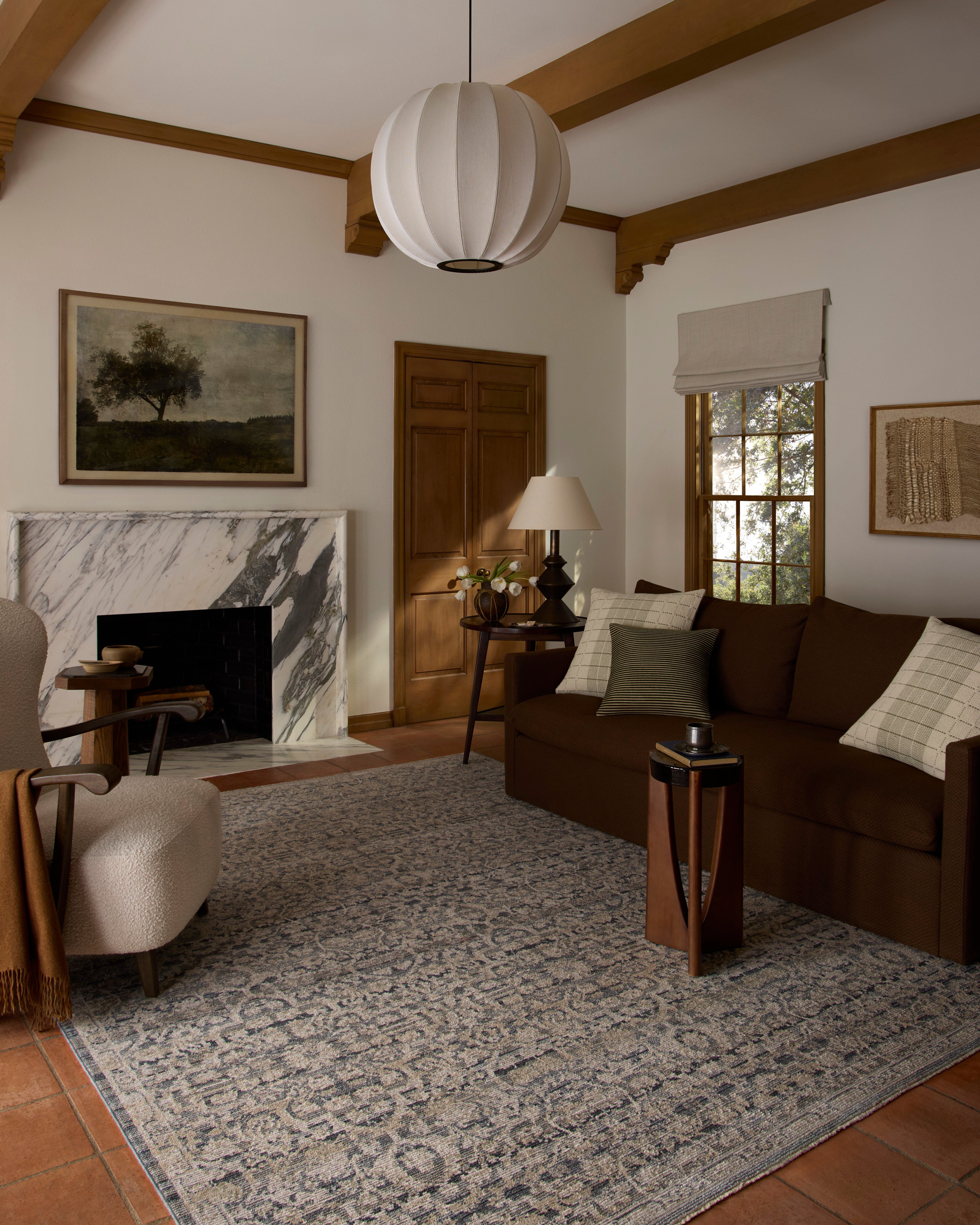 Loloi Milena MLE?02 denim blue and natural vintage area rug with classic motifs and neutral color palette