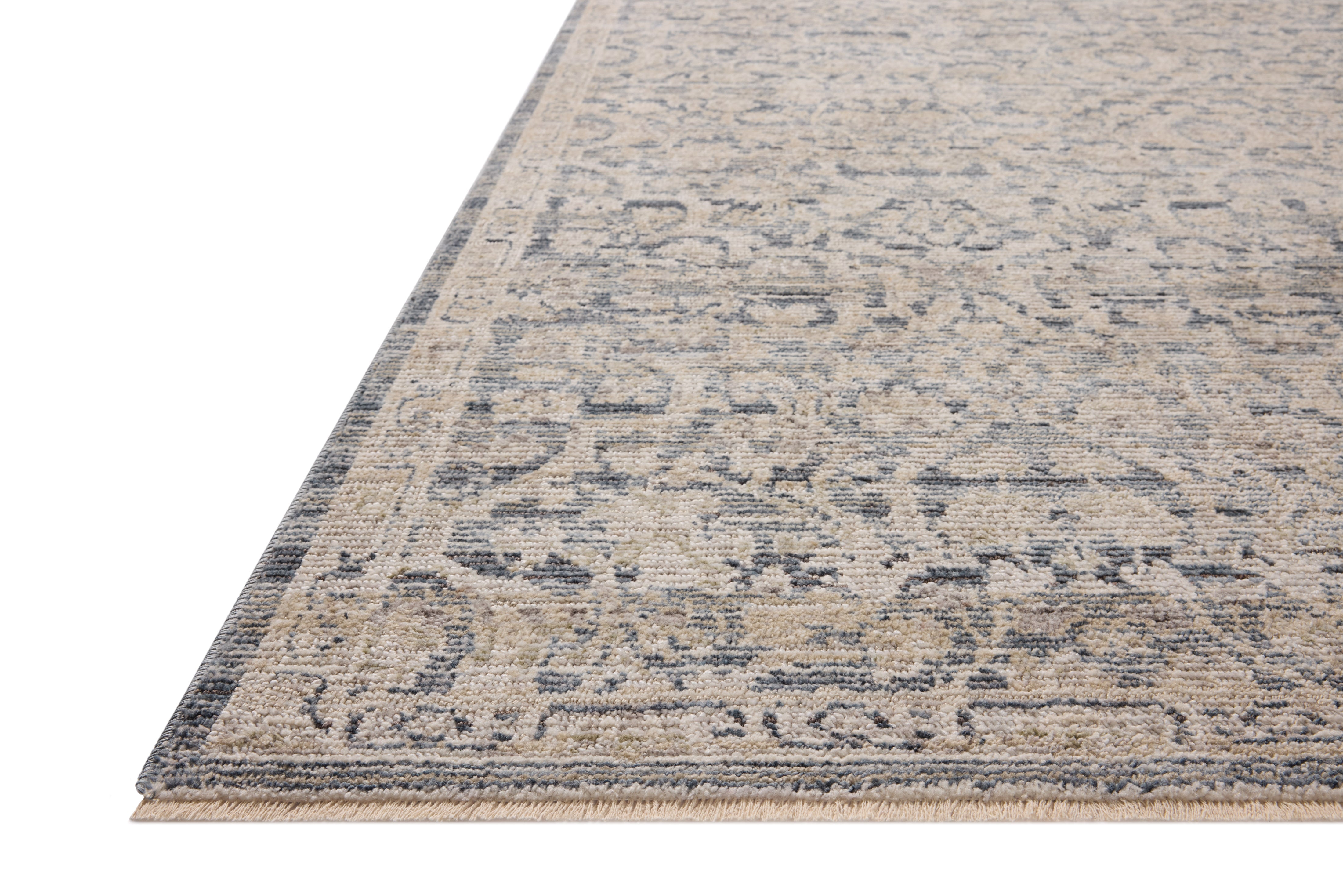 Loloi Milena MLE?02 denim blue and natural vintage area rug with classic motifs and neutral color palette
